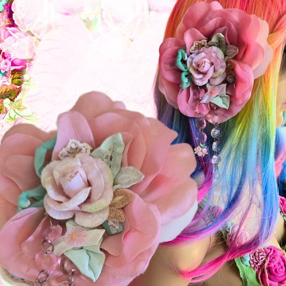 "Pink Shimmer Rose" Handmade Hair Clip - Velvet Rose and Vintage Upcycle Flapper - Picture 1 of 15